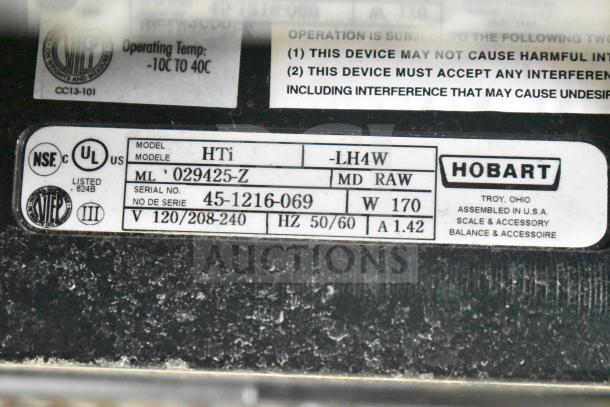 2020 Hobart HTi-7LH4W Commercial Food Scale, 120/208-240V, tested, working. Label detailing model, serial number, and specs.