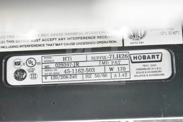 2017 Hobart HTi-7LH26 food portioning scale label. Features voltage specs, model, and serial numbers. Tested, working.