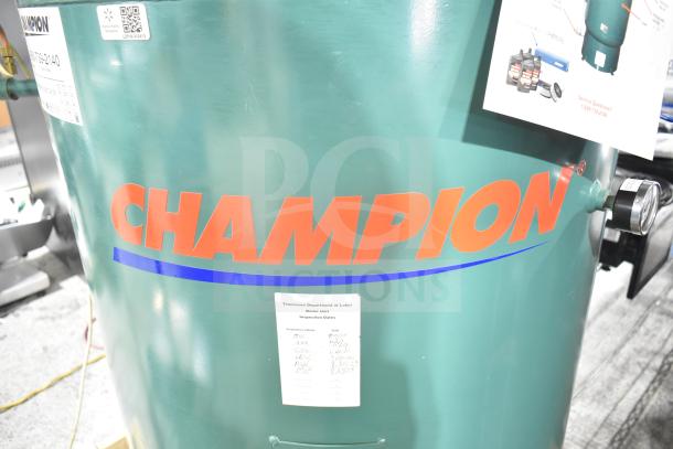 Champion 172-1 VR10-12 floor air compressor, 460V, 3 phase. Features bold logo, inspection label. Commercial grade.