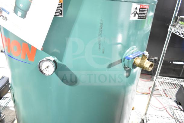 Champion 172-1 VR10-12 air compressor, 460V, 3-phase, features pressure gauge, valve, and safety warnings.
