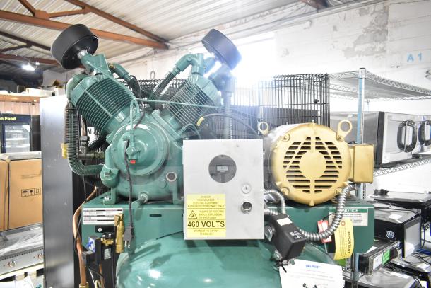 Champion 172-1 VR10-12 air compressor, 460V, 3-phase. Green industrial unit with control panel, labels visible.
