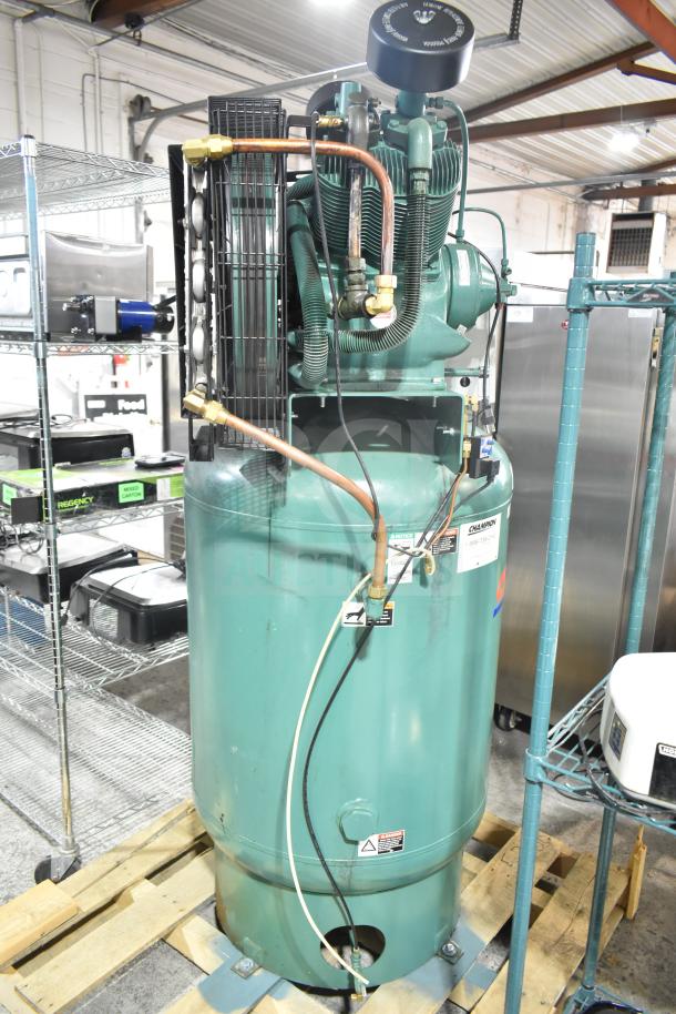 Champion 172-1 VR10-12 commercial floor air compressor in used condition, 460V, 3 phase. Mounted on pallet for storage.
