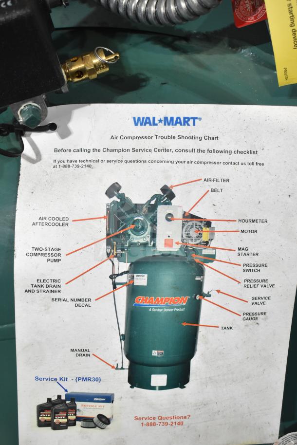 Champion 172-1 VR10-12 Commercial Air Compressor, 460V, 3 Phase. Features troubleshooting chart and service kit info.