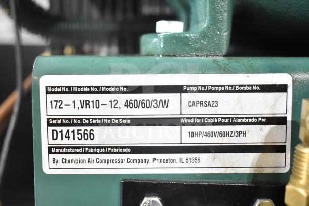 Champion 172-1 VR10-12 air compressor, 460V, 3-phase, model info and serial number label visible.