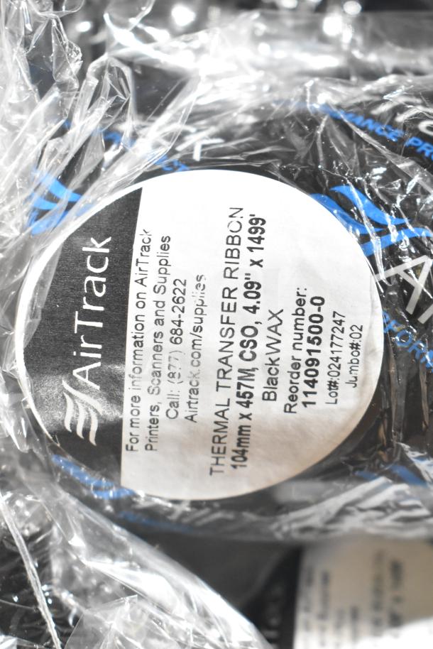AirTrack thermal transfer ribbon, 104mm x 457m, black wax, in packaging. Label details specifications and reorder info.