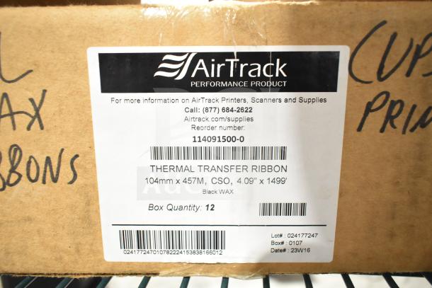 Box of AirTrack thermal transfer ribbon, 104mm x 457m, black wax, 12 rolls per box, reorder number 114091500-0.