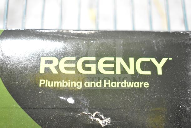 Regency wall mount faucet, model 600FW84G, with 3 1/2" swivel gooseneck spout and 8" centers. Brand new, scratch and dent.