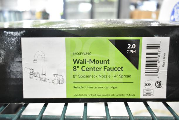 Brand new Regency 600FW84G wall mount faucet, 3 1/2" swivel gooseneck spout, 8" centers, 2.0 GPM, ceramic cartridges.