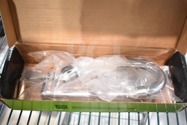 BRAND NEW SCRATCH AND DENT Regency 600FW84G wall mount faucet with 3.5" swivel gooseneck spout and 8" centers, in box.