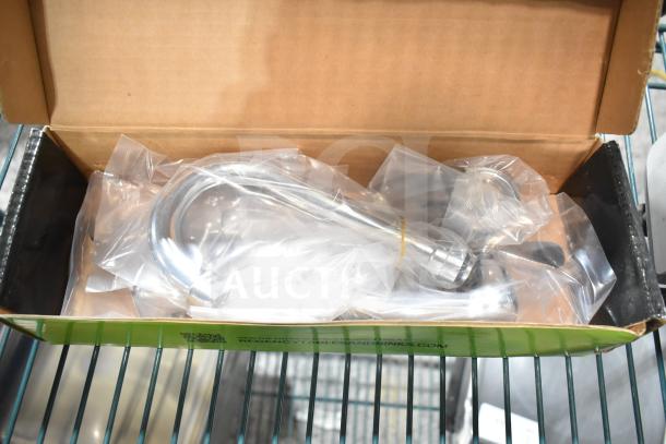 Brand new Regency 600FW84G wall mount faucet with 3 1/2" swivel gooseneck spout, 8" centers, in original packaging.