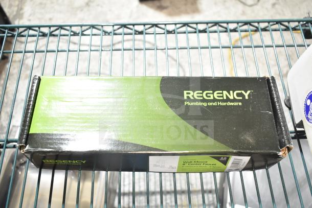 "Regency 600FW84G wall mount faucet box, 3 1/2" swivel gooseneck spout, 8" centers, scratch and dent condition."