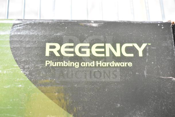 Regency wall mount faucet box, scratched. Features 3 1/2" swivel gooseneck spout, 8" centers. Brand new, scratch and dent.