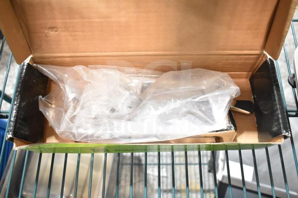 BRAND NEW Regency 600FW84G wall mount faucet, 3 1/2" swivel gooseneck spout, 8" centers, in original packaging. Scratch and dent condition.