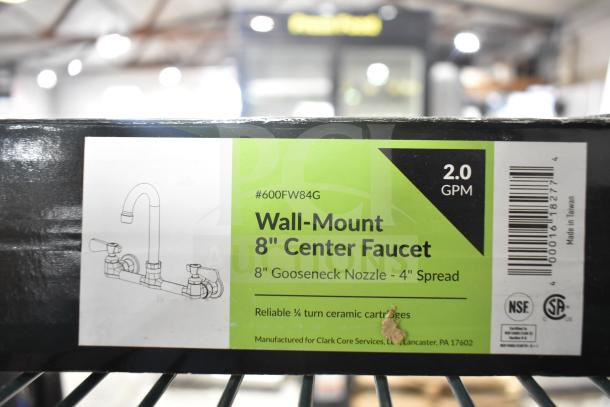 BRAND NEW SCRATCH AND DENT Regency 600FW84G Wall Mount Faucet, 3 1/2" swivel gooseneck spout, 8" centers, 2.0 GPM label.