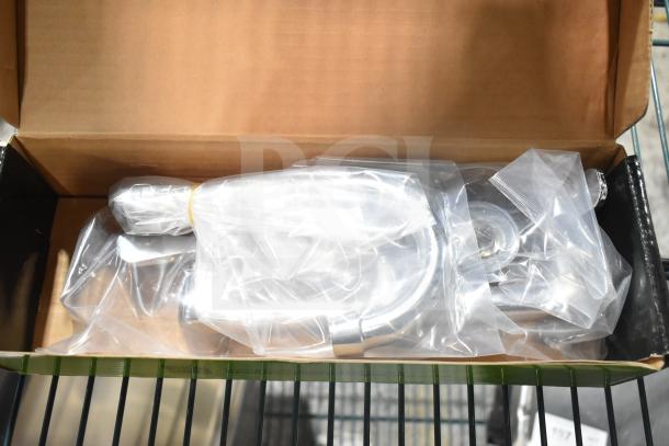 BRAND NEW Regency 600FW84G wall mount faucet, 3.5" swivel gooseneck spout, 8" centers, in box, scratch and dent condition.