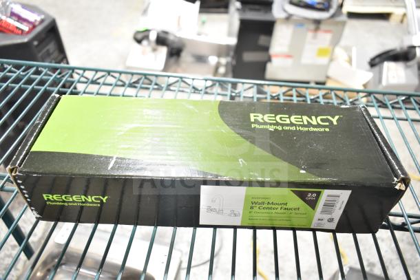 Boxed Regency 600FW84G wall mount faucet, 3 1/2" swivel gooseneck spout, 8" centers, new scratch and dent condition.