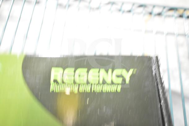 BRAND NEW Regency 600FW84G wall mount faucet box, visible logo, 3 1/2" swivel gooseneck spout, slight dent.