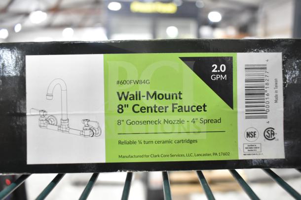 BRAND NEW Regency 600FW84G wall-mount faucet with 3 1/2" swivel gooseneck spout, 8" centers, 2.0 GPM, ceramic cartridges.