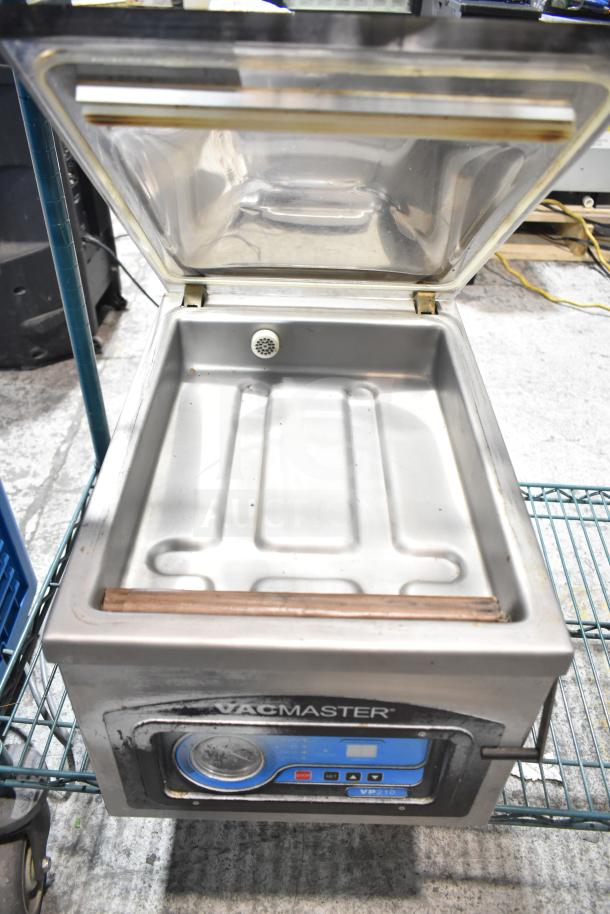 VacMaster VP210 Commercial Vacuum Sealer, stainless steel, countertop model, lid open, control panel visible, used condition.