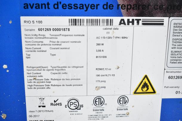 AHT RIO S 100 Ice Cream Freezer label; 115V, 1 phase, 260W, R290 refrigerant, 190 dm³ capacity, serial 601269 00001878.