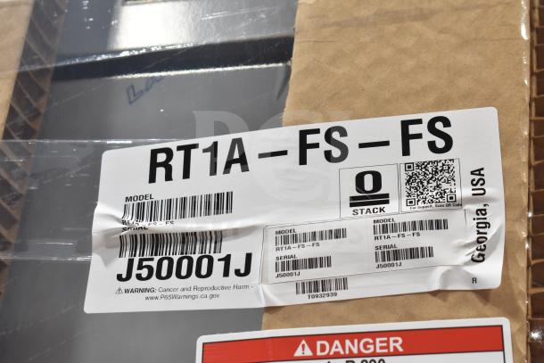 Barcode and label on packaging for a Hoshizaki RT1A-FS-FS refrigerator, serial J50001J, with warning and model details.