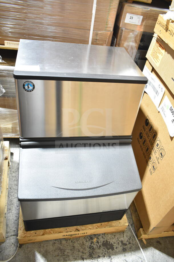 Brand new Hoshizaki KM-231BAJ ice machine with bin, 213 lb capacity, 80 lb storage, slight scratches, 115V, 1 phase.