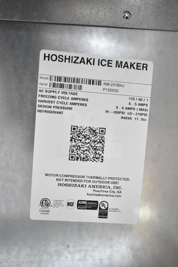 2024 Hoshizaki KM-231BAJ ice machine label showing specs: 115V, 1 Phase, 213 lb capacity, 80 lb storage, R404A refrigerant.