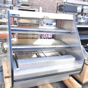 Custom Deli's DILW4SS commercial merchandiser display case, stainless steel, 120/208 volts, 1 phase, on wooden pallet.