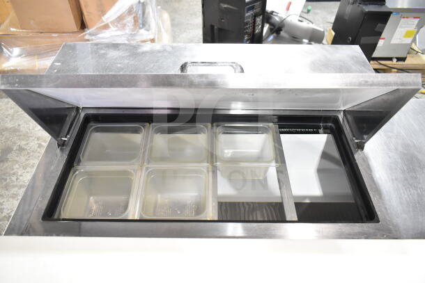 True TSSU-48-08 prep table with clear storage bins, stainless steel top, good condition, 115V, 1 phase, on casters.