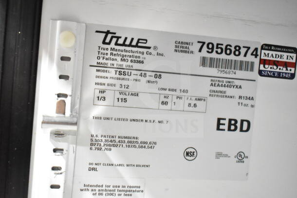 True TSSU-48-08 Commercial Prep Table label, features 115V, 1 phase, R134A refrigerant, serial number 7956874, NSF certified.