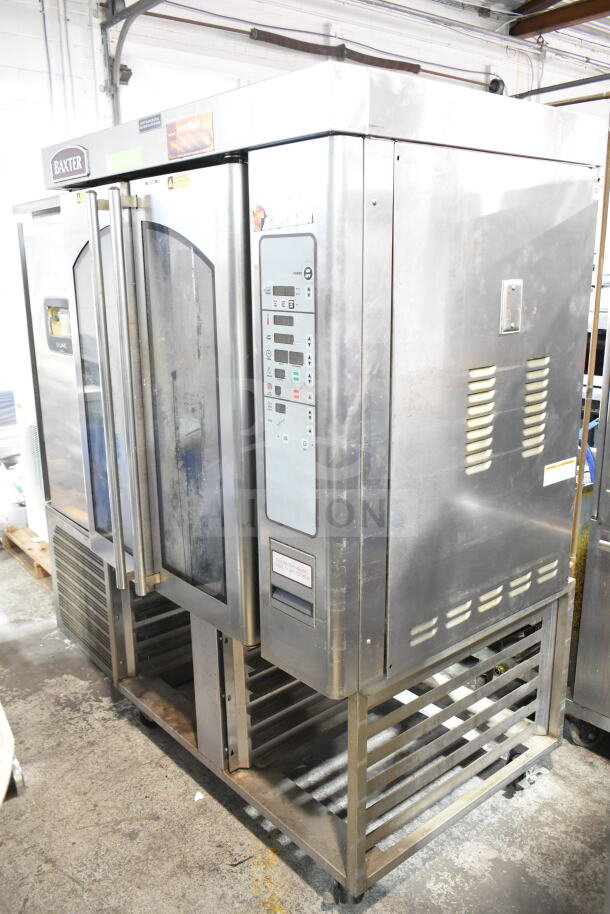 Baxter OV310G commercial gas rack oven on double pan rack with casters, 95,000 BTU, control panel visible, used condition.