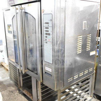 Baxter OV310G commercial gas rack oven on double pan rack with casters, 95,000 BTU, control panel visible, used condition.