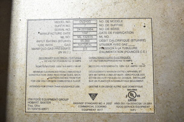 Baxter OV310G mini rotating rack oven label showing model OV310G, 95,000 BTU, natural gas, and electrical specifications.