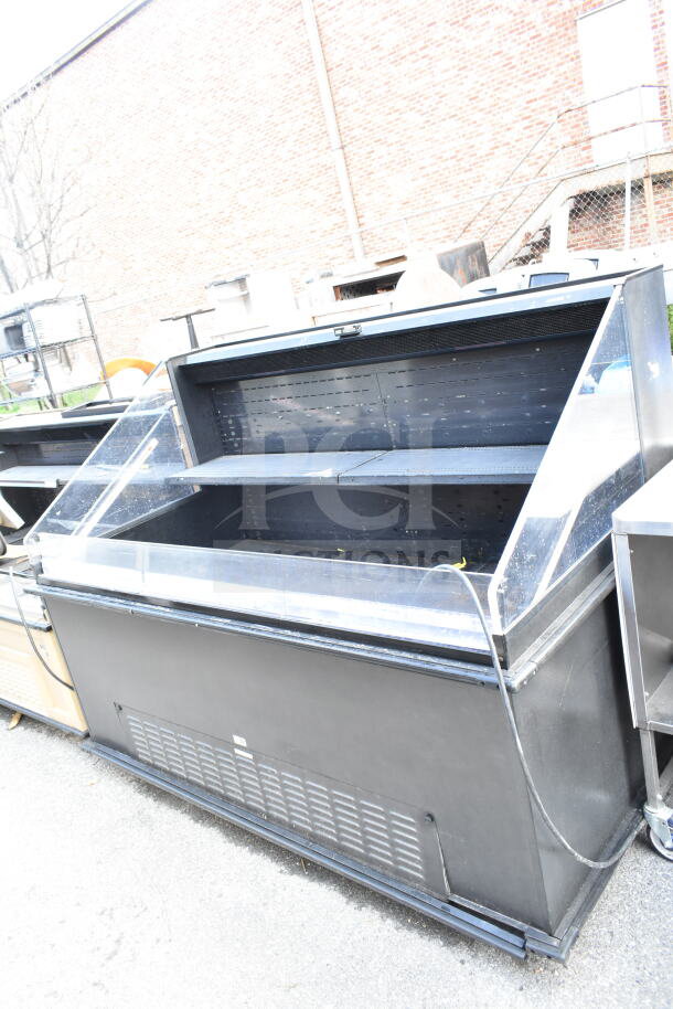 Commercial floor style open grab-n-go merchandiser, black, glass panels, used condition, 120/208-240 volts.