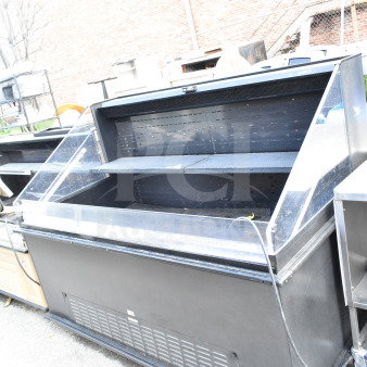 Commercial floor style open grab-n-go merchandiser, black, glass panels, used condition, 120/208-240 volts.