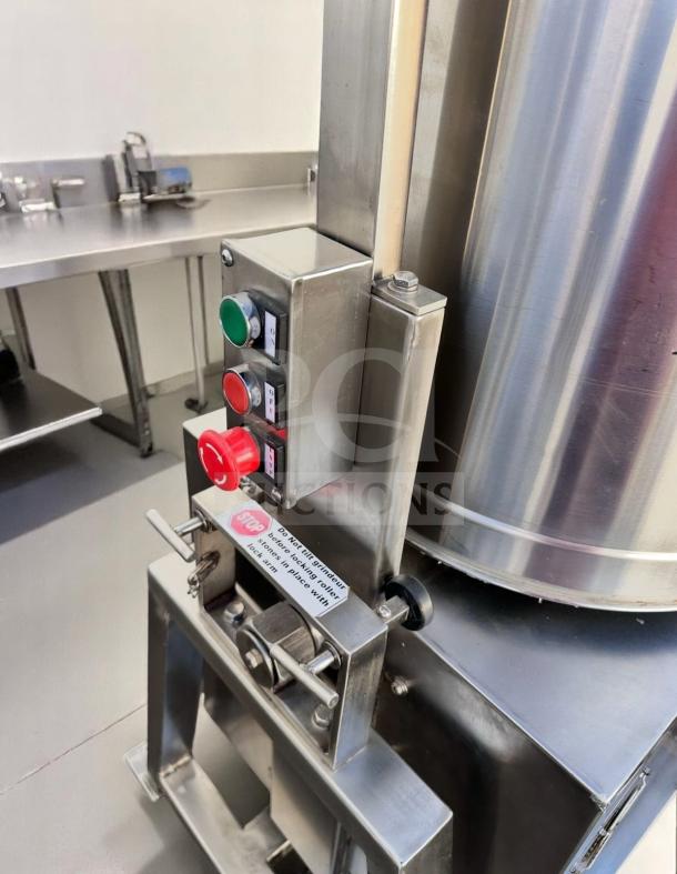 CocoaTown ECGC-65A-AV cacao grinder in outstanding condition, with control panel, stainless steel body, visible safety warning label.