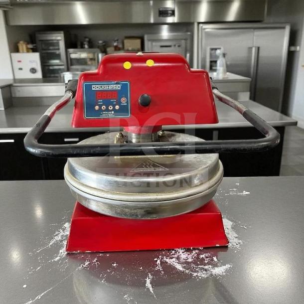 High-quality Proluxe Dough Pro DP1100, 18” commercial dough press, 115V, fully tested. Red, sturdy design, operational.