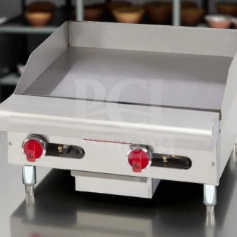 American Range AEMG-24H 24" manual gas griddle in remarkable condition. Features red control knobs, sturdy legs. Fully tested.