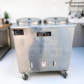 Prime Condition Wellborn BS-65L2 double lid electric soup boiler, 220V, stainless steel, fully tested, on caster wheels.