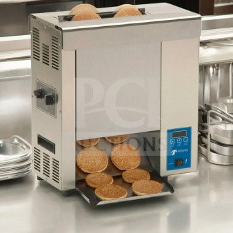 Roundup Conveyor Toaster with Butter Wheel, superior condition, 208V, fully tested, stainless steel, commercial use.