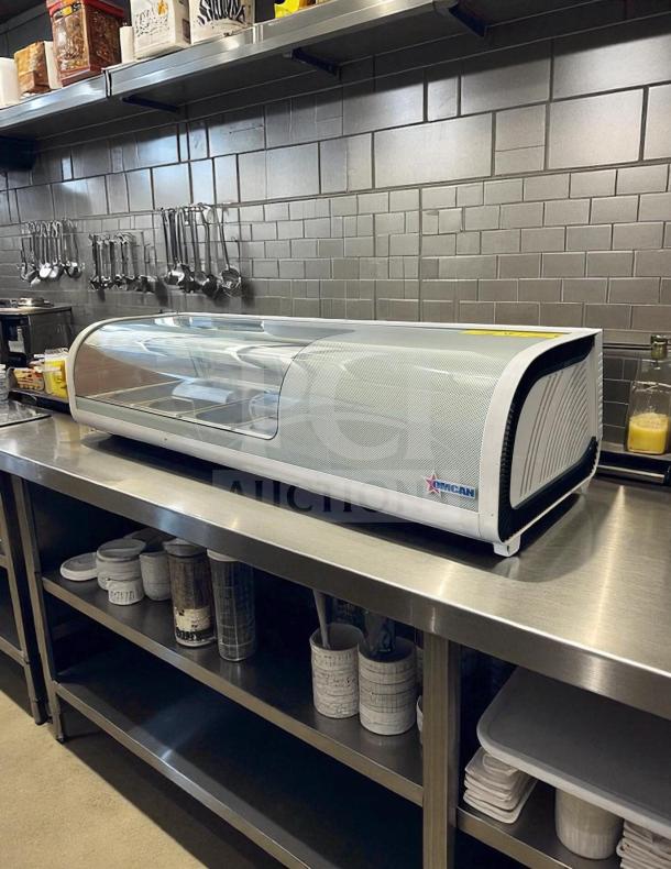 Flawless Omcan RS-CN-0042S 46" sushi showcase refrigerator; 42L capacity, 115V, fully tested, excellent condition, Omcan logo visible.