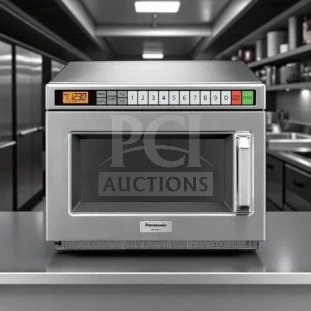 Immaculate Panasonic NE-17723 commercial microwave, 1700W, 3-stage cooking, 230V, fully tested, pristine condition.