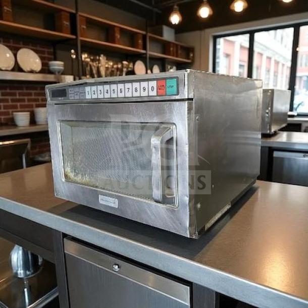 Panasonic NE-17723 commercial microwave oven, 1700W, stainless steel, 3-stage cooking, immaculate condition, tested operational.