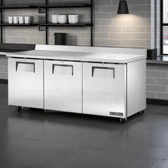 True TWT-72-HC commercial worktop refrigerator, 72 3/8", superior condition, with backsplash, fully tested, 115V, three-door.