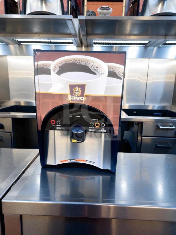 Optimal Condition Javo Coffee Dispenser, commercial hot beverage machine, 120V, fully tested, operational, visible control panel.