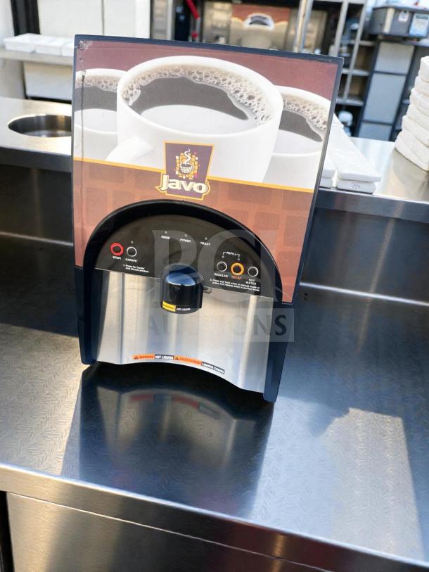 Optimal Javo Coffee Dispenser, commercial hot beverage machine, 120V, fully tested, operational, stainless steel finish.