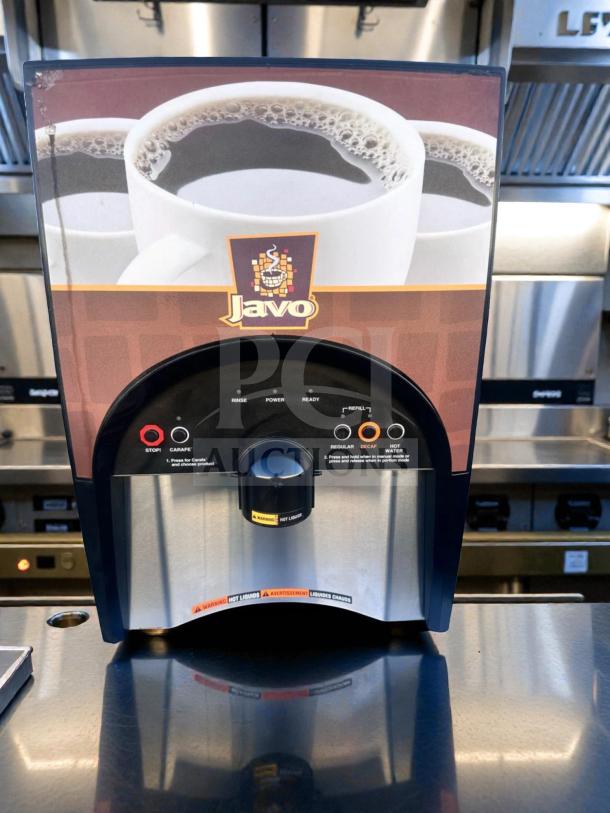 Javo Beverage Coffee Dispenser, commercial machine, optimal condition, 120V, fully tested, operational, brand logo visible.