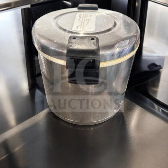 Zojirushi THA-803S commercial electric rice warmer, prime condition, 120V, tested, stainless steel body, lid with labeling.