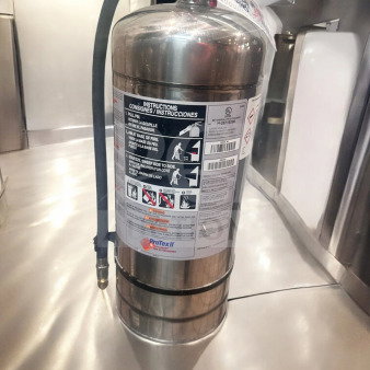 Stainless steel ProTex II wet chemical fire extinguisher, fully tested and operational, with visible safety instructions label.
