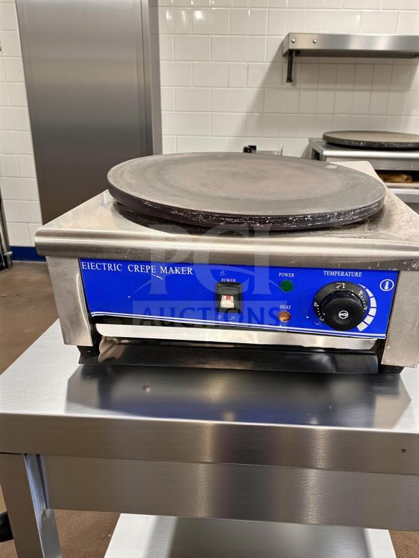HE-1E Commercial Crepe Maker in superb condition, stainless steel, blue control panel, fully tested, 110V, by HE Commercial Equipment.